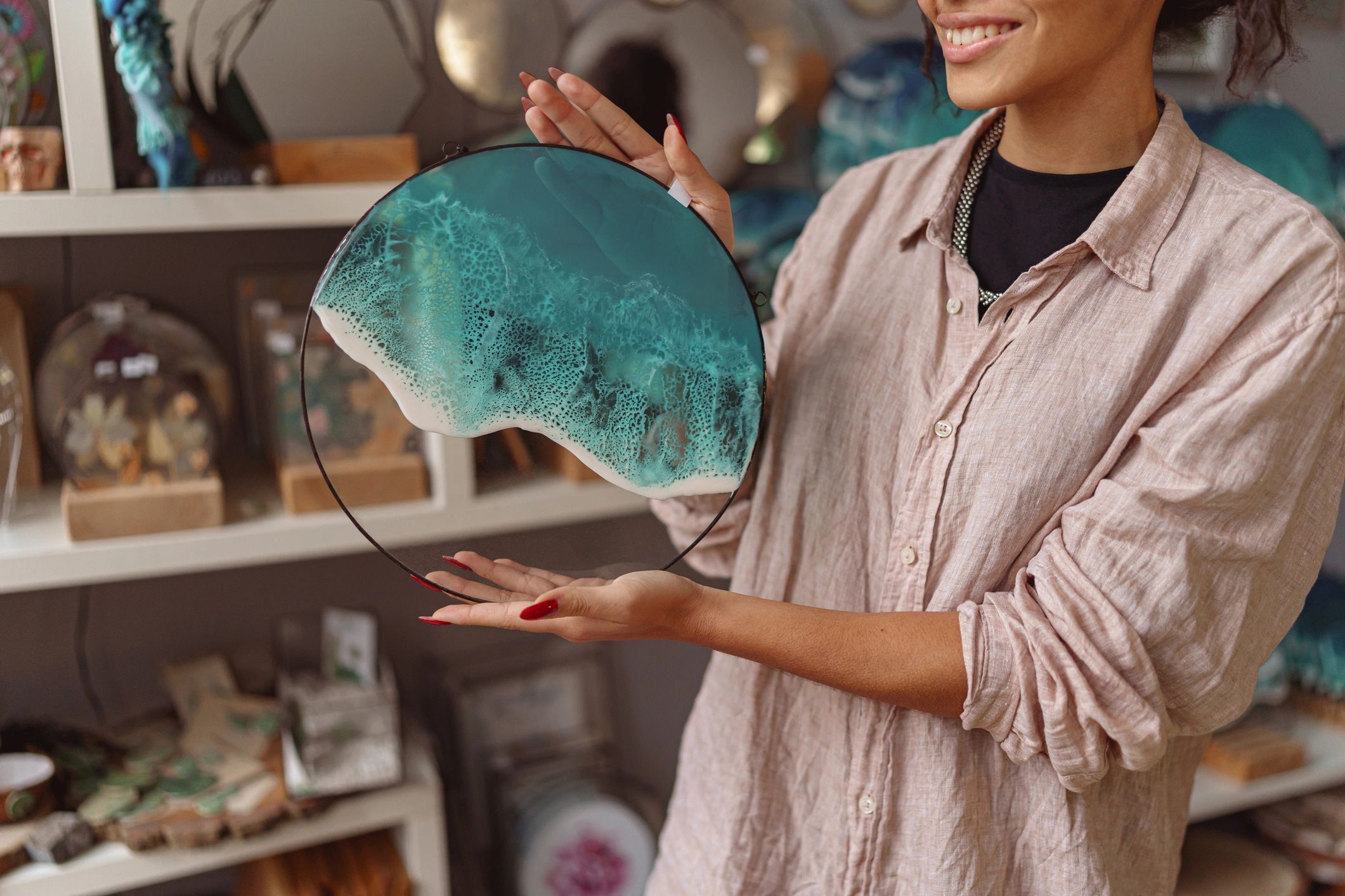 Smiling customer with resin jar